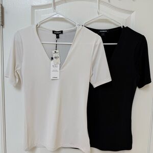 Express Women's V-Neck Short Sleeve Tops - Black and Cream
